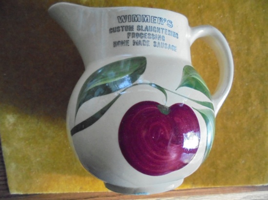 OLD WATT APPLE PATTERN ADVERTISING NUMBER 15 PITCHER FROM "WIMMER'S"-WONDERFUL