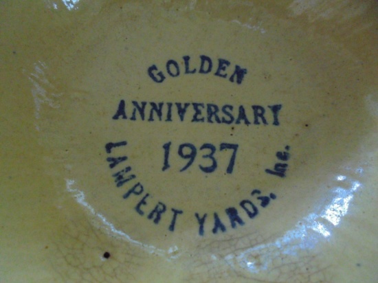 OLD RED WING CROCK SAFFRON SPONGE WARE BOWL WITH ADVERTISING FROM "LAMPERT YARDS"