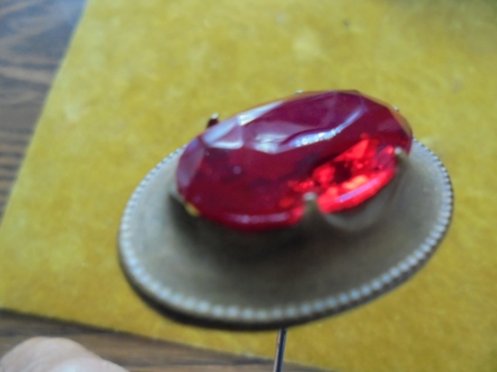 VINTAGE HAT PIN WITH A LARGE RED GEM LIKE TOP-QUITE BEAUTIFUL