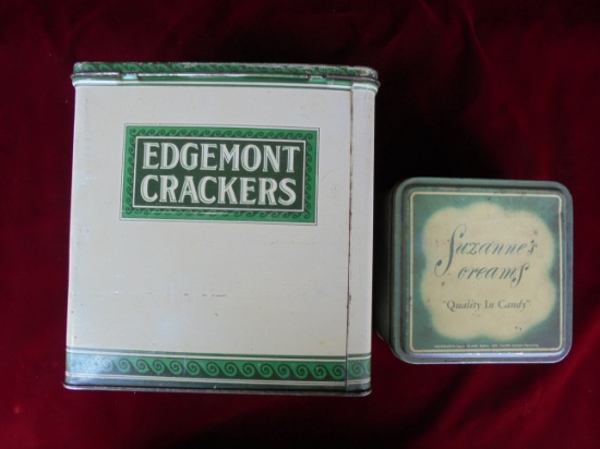 2 VINTAGE ADVERTISING TINS-"DEDGMONT CRACKERS" AND "SUZANNE'S CREAMS"-BOTH GREEN AND CREAM