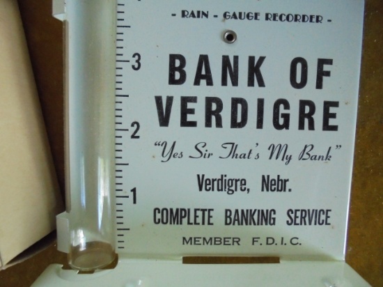 VINTAGE METAL ADV. RAIN GAUGE FROM "BANK OF VERDIGRE OF VERDIRE NEBRASKA