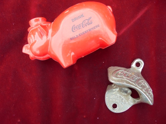 2 VINTAGE COCA COLA ADVERTISING ITEMS-WALL OPENER AND BANK