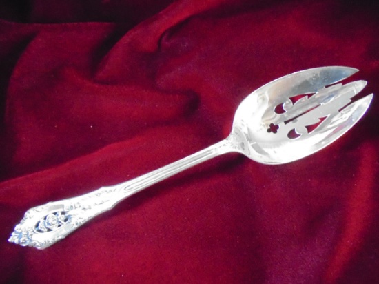 WALLACE ROSE POINT PATTERN 8 3/8 INCH STERLING SERVING SPOON-PIERCED PATTERN