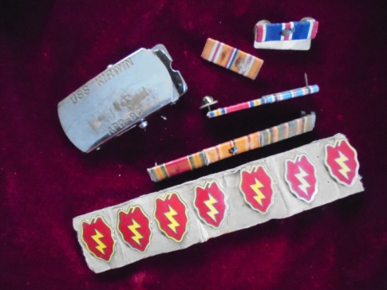 SMALL PILE OF OLD MILITARY RIBBONS, A BUCKLE &  PINS