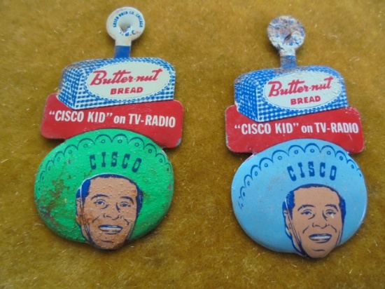 TWO VINTAGE "CISCO KID" PINS ADVERTISING BUTTERNUT BREAD-"CISCO KID ON T.V. & RADIO