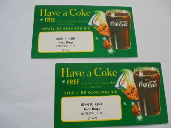 TWO OLD "COCA COLA" ADVERTISING CARDS FROM JEFFERSON SOUTH DAKOTA