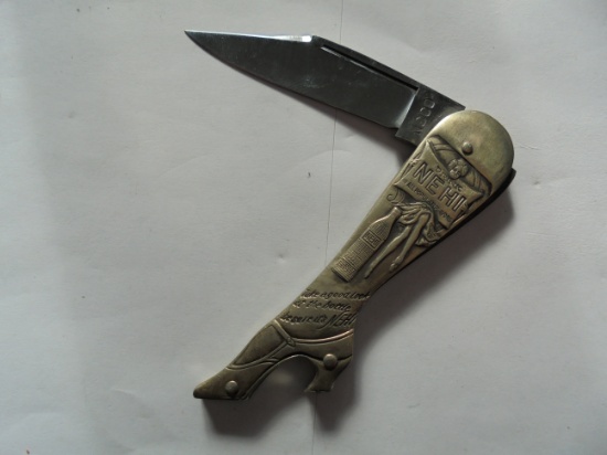 3 1/4 INCH "NEHI SODA" ADVERTISING POCKET KNIFE SHAPED LIKE A SHOE & LEG-ONE BLADE-VERY NICE