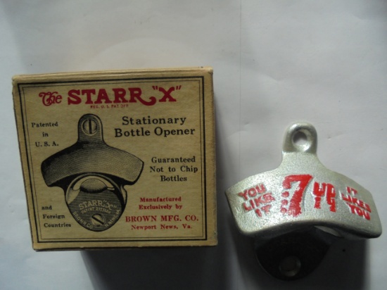 VINTAGE "NEW OLD STOCK" STARR WALL MOUNT BOTTLE OPENER--"7-UP" ADVERTISING