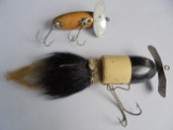 2 VINTAGE WOOD FISHING LURES-ONE IS LARGE BLACK AND WHITE WITH SPINNER