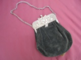 VINTAGE LADY'S PURSE-VELVET WITH FANCY SILVER COLOR TOP AND HINGE