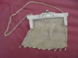 STUNNING SILVER COLORED MESH PURSE WITH FANCY TOP AND CHAIN-BEAUTIFUL