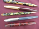 4 OLD FOUNTAIN PENS AND ONE MECHANICAL PENCIL-SHEAFFER EVERSHARP ETC