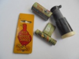 3 VINTAGE TIN ADVERTISING WHISTLES & ONE NAUGHTY GIRL SCOPE FROM CARNIVALS