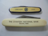 2 OLD ADVERTISING POCKET KNIVES-STATON NATIONAL BANK & VISKING CASING-CHICAGO