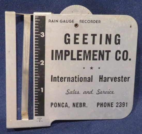 GETTING IMPLEMENT CO. - INTERNATIONAL HARVESTER - PONCA, NEBR. ADVERTISING RAIN GAUGE