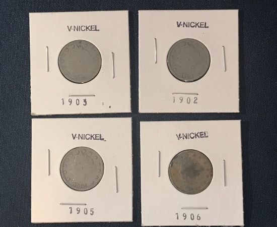 FOUR OLD UNITED STATES "V" NICKELS