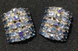 VINTAGE WEISS BLUE RHINESTONE CLIP ON EARINGS