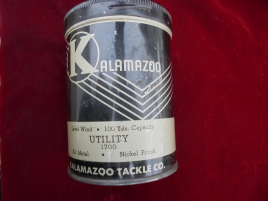 VINTAGE METAL ADVERTISING TIN FROM "KALAMAZOO TACKLE CO." -FOR A FISHING REEL