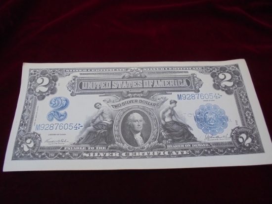 OLDER RE-PRINT OF A 1899 SERIES TWO DOLLAR BILL-VERY BEAUTIFUL DESIGN-7 BY 15 INCHES