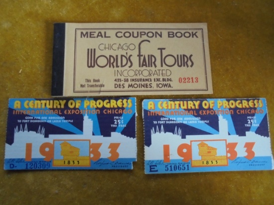 3 ITEMS FROM 1933 WORLDS FAIR--2 TICKET STUBS AND A MEAL COUPON BOOK COVER