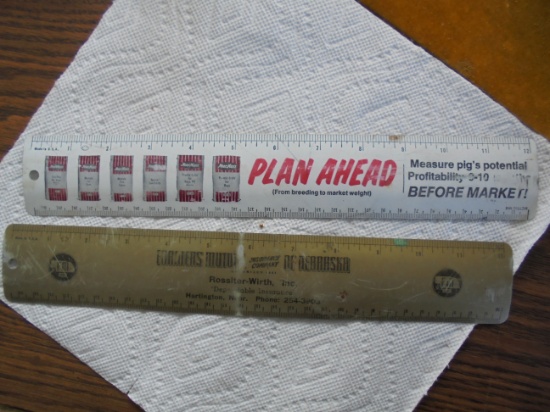 2 OLD METAL ADVERTISING RULERS-"MOORMAN'S FEEDS" & FARMERS MUTUAL INS