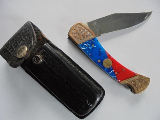 LARGE "BUCK" STYLE FOLDING KNIFE WITH BELT CASE-PAKISTAN MARK