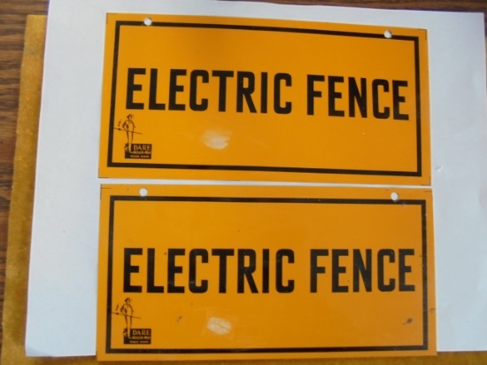 TWO OLD "ELECTRIC FENCE" SIGNS-ALL METAL LOOK NEVER USED