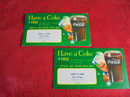 2 OLD COCA COLA "FREE" COKE COUPON FROM JEFFERSON SOUTH DAKOTA