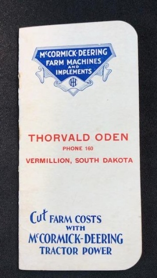 1937-1938 - "THORVALD ODEN - VERMILLION, SOUTH DAKOTA" McCORMICK DEERING TRACTOR POCKET LEDGER