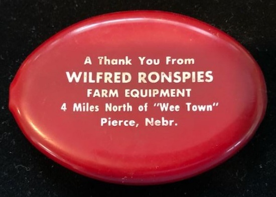 WILFRED RONSPIES FARM EQUIPMENT - ADVERTISING COIN PURSE - PIERCE, NEBRASKA