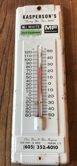 KASPERSON'S - HURON, SD - WHITE  & MASSEY FERGUSON FARM EQUIPMENT ADVERTISING THERMOMETER