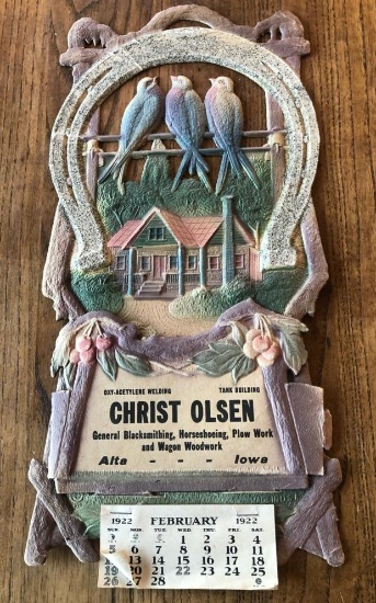 CHRIST OLSEN - ALTA, IOWA 1922 ADVERTISING CALENDAR
