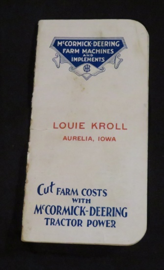 1937-1938 - "LOUIE KROLL- AURELIA, IOWA - McCORMICK DEERING POCKET LEDGER"