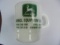 VINTAGE MILK GLASS COFFEE MUG WITH JOHN DEERE ADVERTISING-O'NEILL & AINSWORTH NEBRASKA