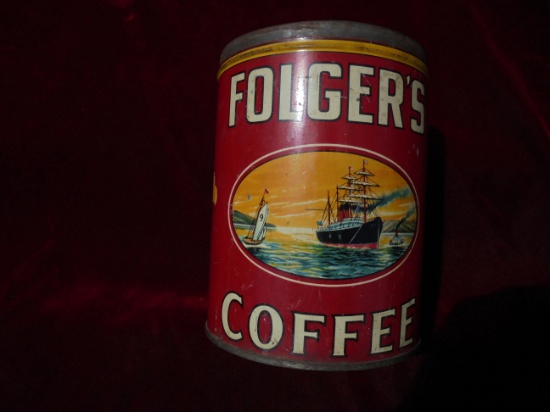 VINTAGE FOLGERS COFFEE ADVERTISING CAN-3 POUND SIZE-STEAM SHIP GRAPHICS