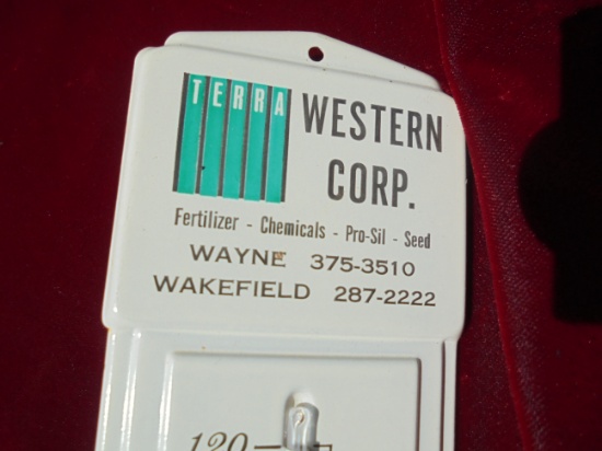 OLD TERRA WESTERN ADVERTISING THERMOMETER-FARM RELATED PRODUCTS