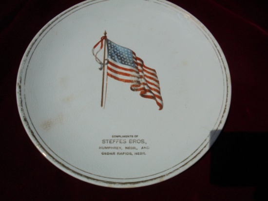 VINTAGE GENERAL STORE ADVERTISING PLATE WITH AMERICAN FLAG---IMPRESSIVE