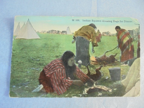 RARE OLD POST CARD "NATIVE AMERICANS COOKING DOG FOR DINNER"