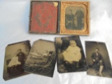 GROUP OF 5 OLD TIN TYPE PHOTOGRAPHS ONE IS IN A FRAME