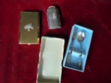 LOT OF 4 OLD MISC. ITEMS-COMPACT-SEWING KIT BABY SILVERWARE ETC
