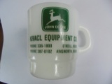 VINTAGE MILK GLASS COFFEE MUG WITH JOHN DEERE ADVERTISING-O'NEILL & AINSWORTH NEBRASKA