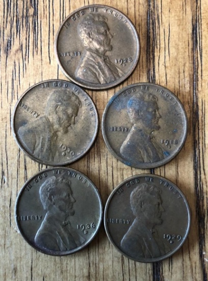 (5) SEMI-RARE WHEAT CENTS: 1918-S, 1928-D, 1929-D, 1930-S, AND 1936-D