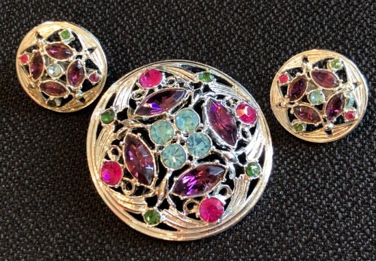 "SARAH COVENTRY" MULTI-COLOR RHINESTONE BROOCH AND EARRING SET