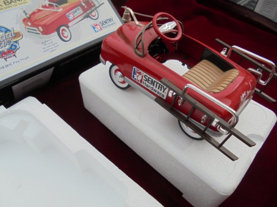 TOY SENTRY HARDWARE "PEDAL CAR FIRETRUCK" BANK IN ORIGINAL BOX