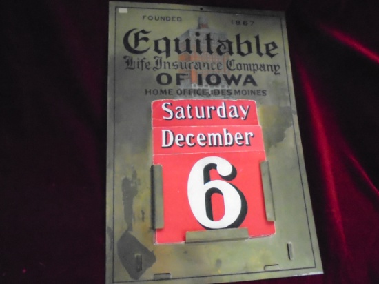 OLD BRASS EQUITABLE INSURANCE SIGN AND CALENDAR-14 BY 20 INCHES