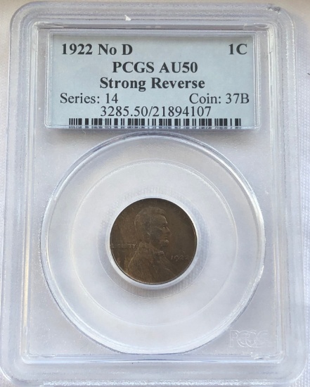 1922 NO D, STRONG REVERSE, LINCOLN WHEAT CENT - PCGS AU50