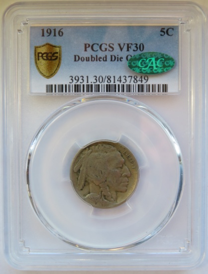 1916 DOUBLE DIE OBVERSE BUFFALO NICKEL - PCGS VF 30 CAC