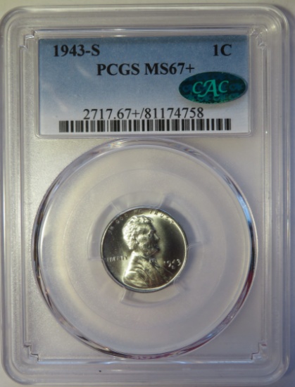 1943-S LINCOLN STEEL WHEAT CENT - PCGS MS67+ CAC