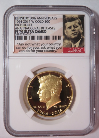 2014 W GOLD KENNEDY 50TH ANNIVERSARY HALF DOLLAR HIGH RELIEF - NGC PF 70 ULTRA CAMEO