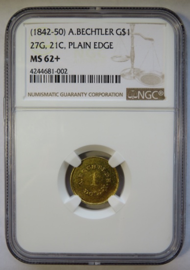 (1842-50) A. BECHTLER G$1 27G, 21C, PLAIN EDGE - NGC MS62+